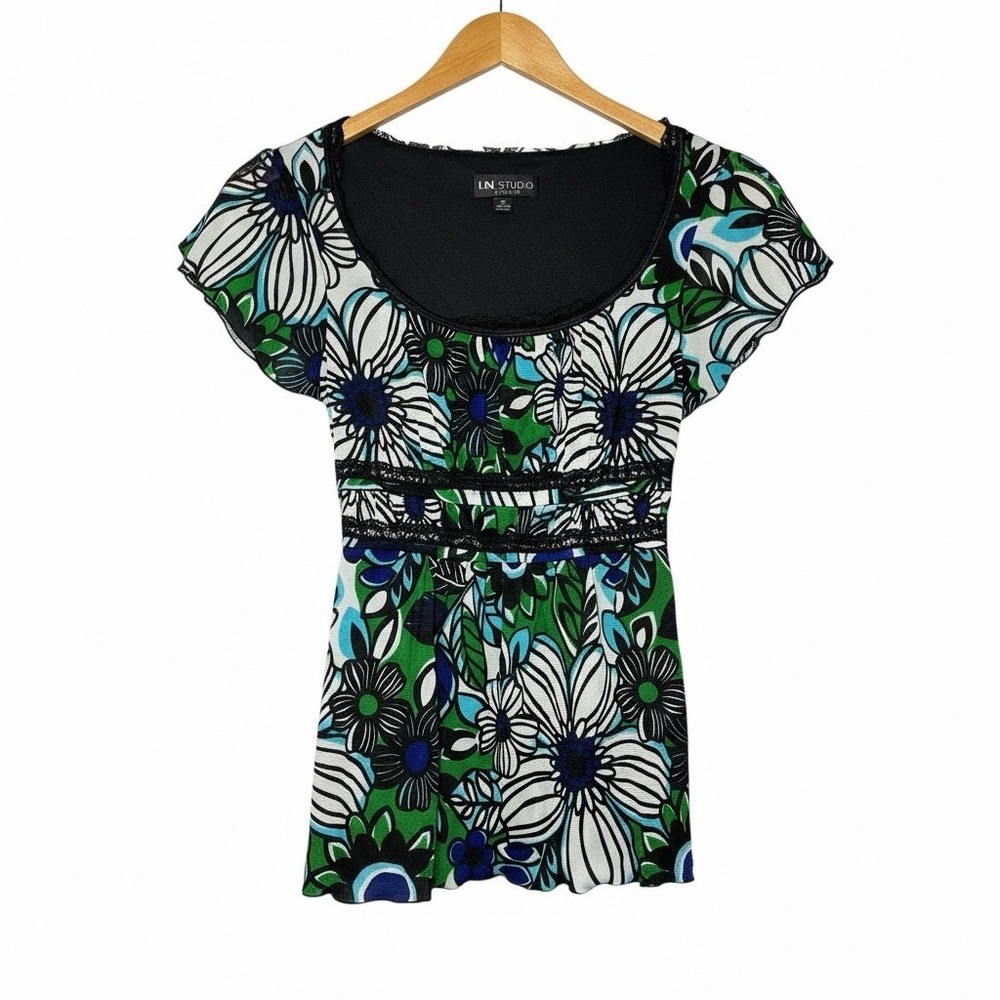 Y2K I.N. Studio Petite Womens PS Floral Empire Waist Top Dark Coquette Soft Goth